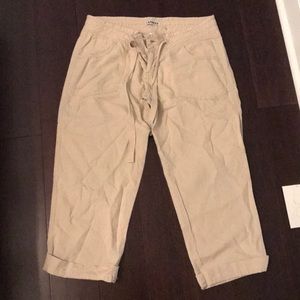 Khaki linen Express capris with cinch waist
